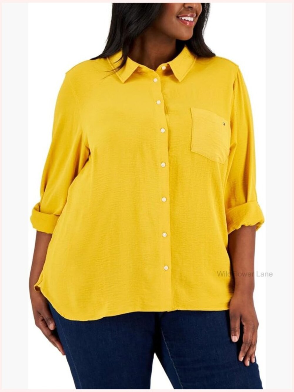 Long Sleeve Button Up Collared Shirt with Roll Tab Sleeves
